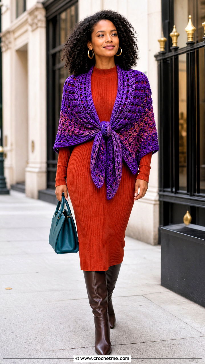 Tie Front Prayer Shawl With Ribbed Knit Dress - 35 crochet prayer shawl outfit ideas