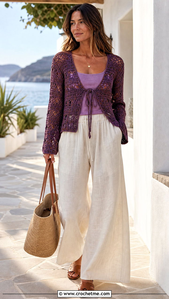 Tie Front Ripped Crochet Top With Linen Pants - 25 Ripped Crochet Top outfit ideas