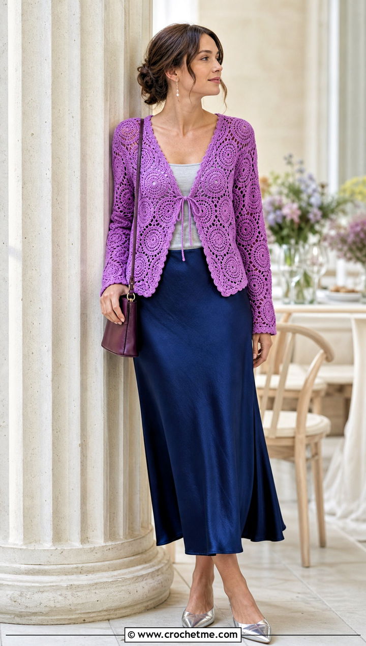 Tie Front Round Crochet Cardigan With Bias Cut Skirt - 35 round crochet cardigan outfit ideas