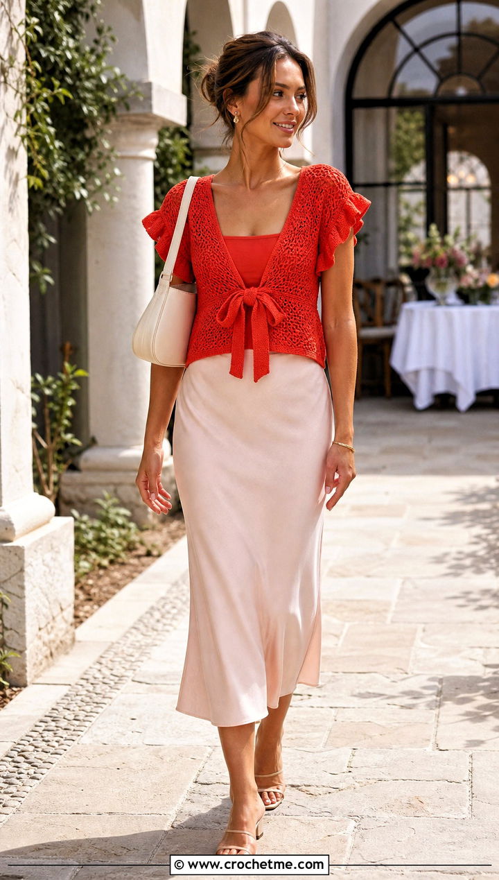 Tie Front Ruffle Sleeve Crochet Top With Bias Cut Midi Skirt - 30 crochet ruffle sleeve top outfit ideas
