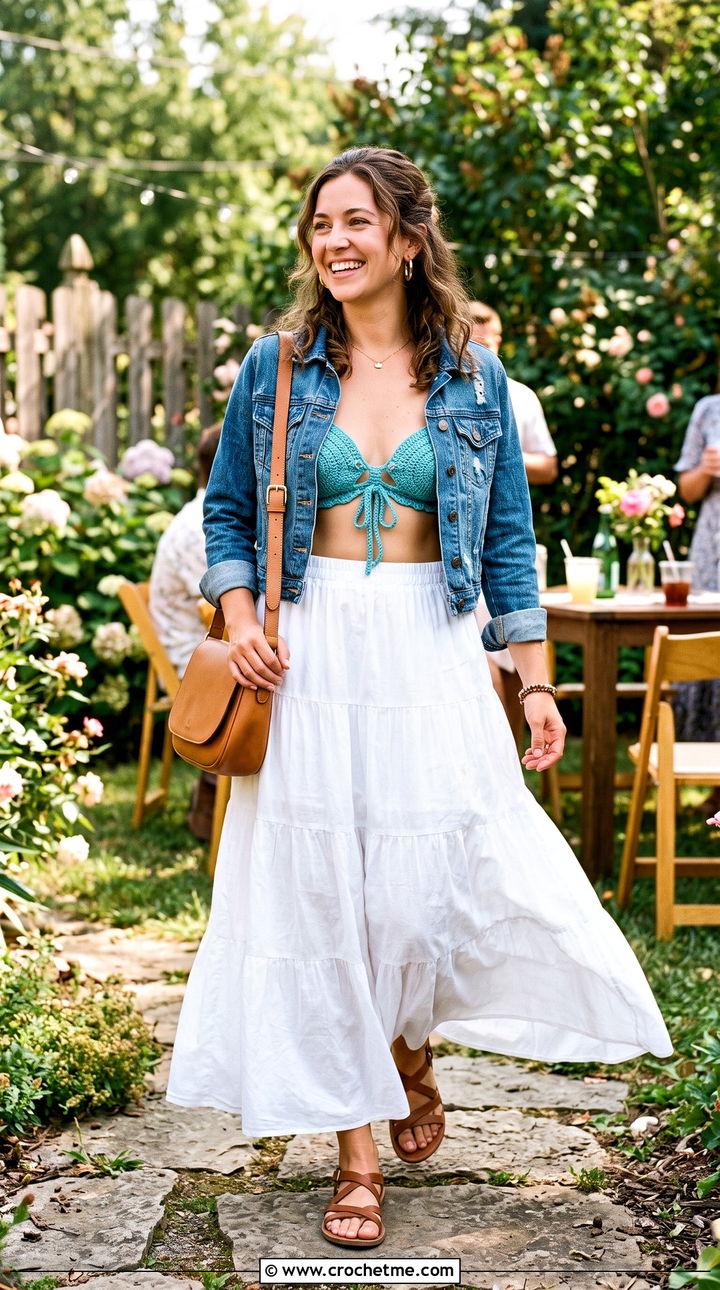 Tie Front Shell Bra With Tiered Maxi Skirt - 30 crochet shell bra outfit ideas