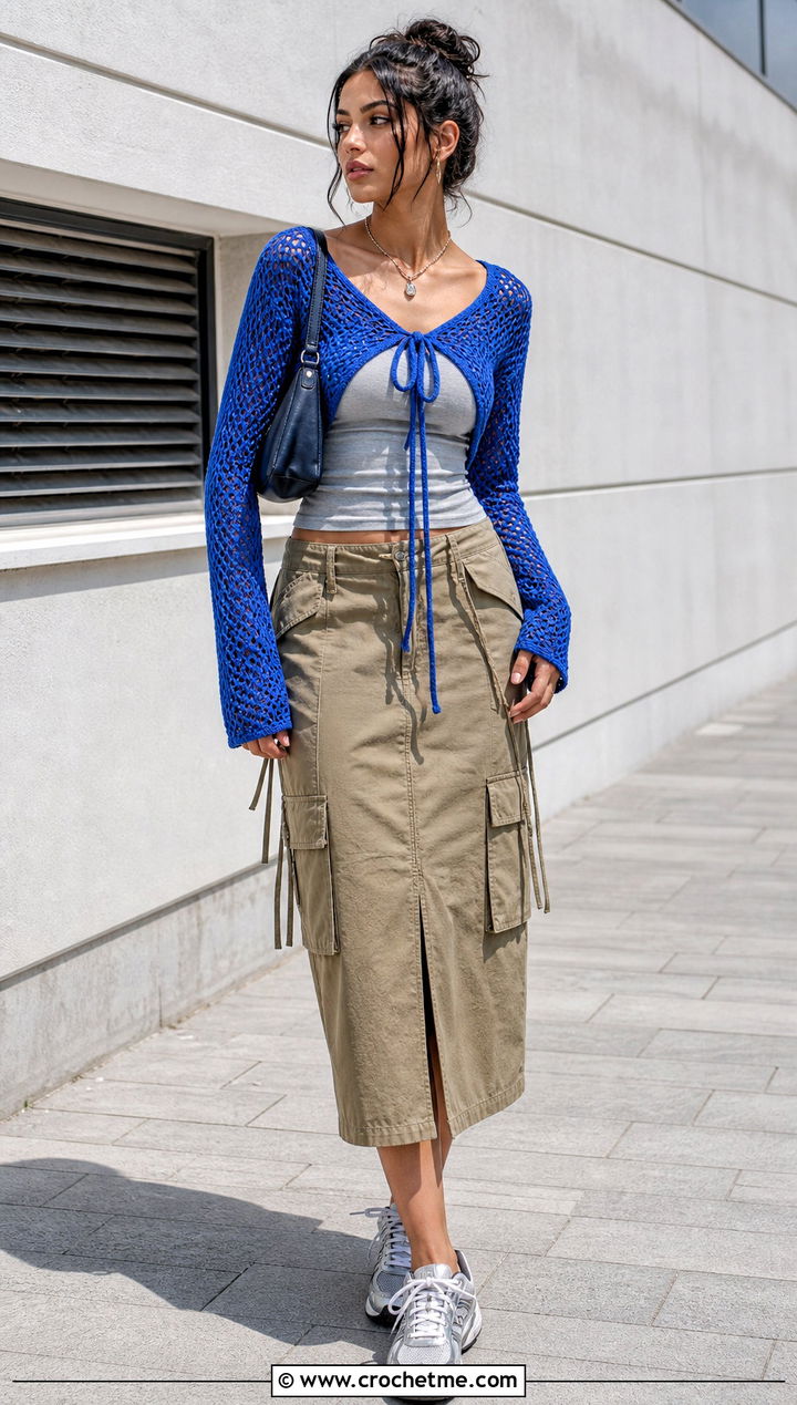 Tie Front Shrug Cropped Crochet Sweater With A Tank And Cargo Skirt - 35 crop crochet sweater outfit ideas