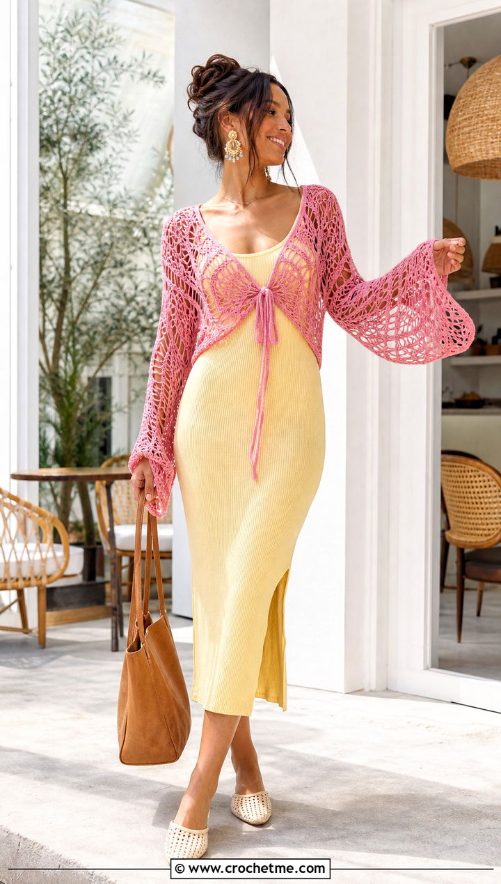 Tie Front Spider Crochet Top With A Midi Dress - 35 spider crochet top outfit ideas