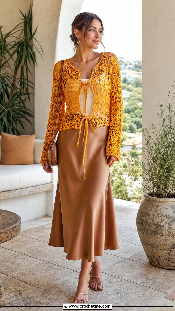 Tie Front Spiderweb Crochet Top With Slip Skirt - 35 spiderweb crochet top outfit ideas