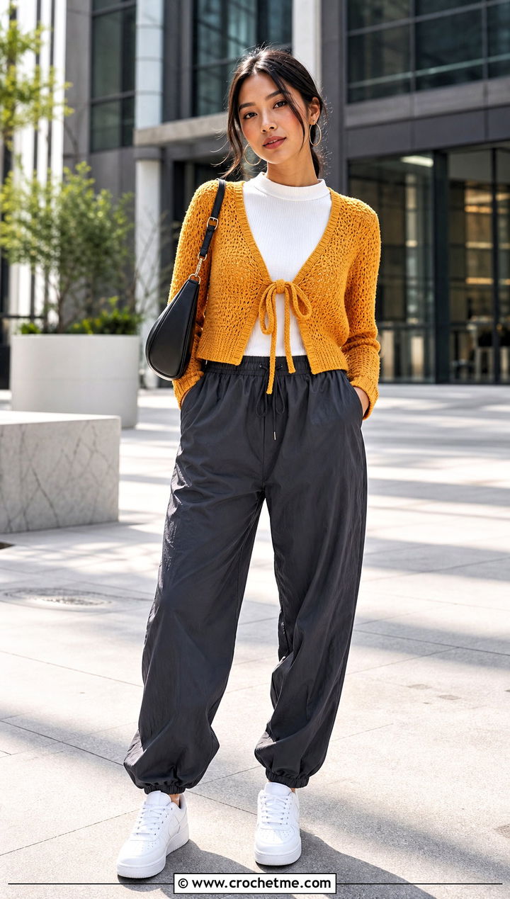 Tie Front Sport Weight Crochet Cardigan With Parachute Pants - 20 Crochet Cardigan Sport Weight Yarn outfit ideas
