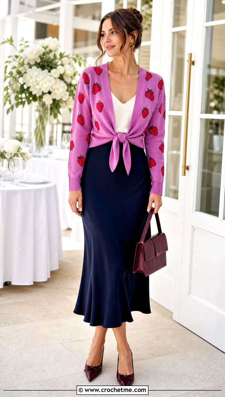 Tie Front Strawberry Cardigan With Bias Cut Midi Skirt - 35 crochet strawberry cardigan outfit ideas