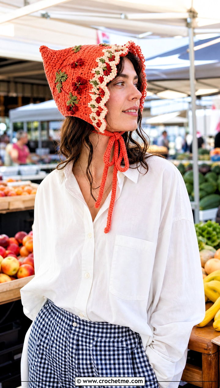 Tie Front Strawberry Shortcake Bonnet With Gingham Pants - 30 crochet strawberry shortcake hat outfit ideas