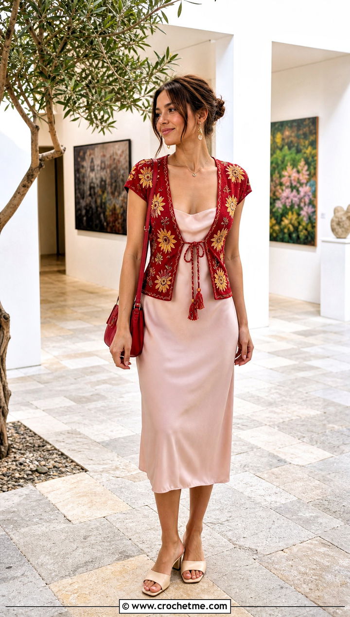 Tie Front Sunflower Top Over A Slip Dress - 35 crochet sunflower top outfit ideas