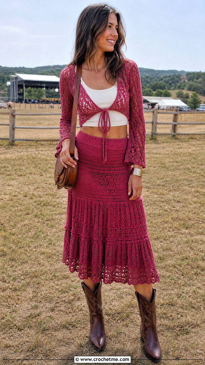 Tie Front Top And Tiered Skirt Set With Cowboy Boots - 35 crochet skirt and top set outfit ideas