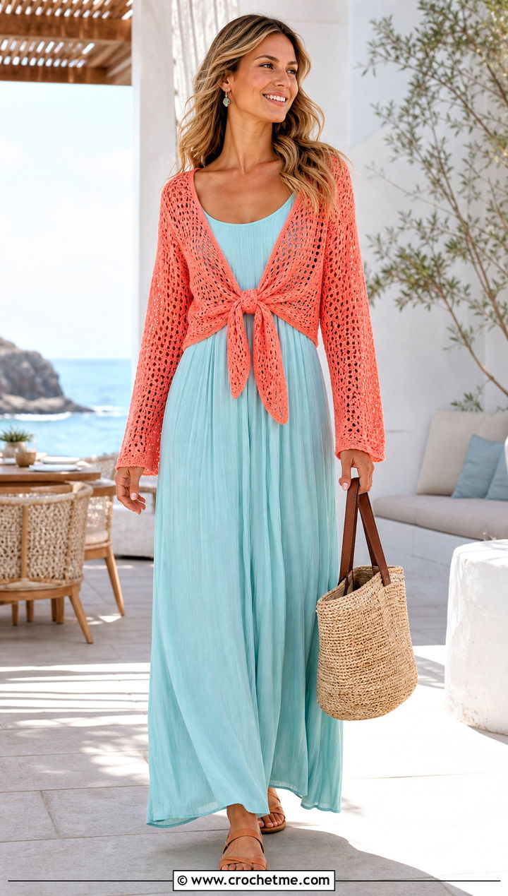 Tie Front V Stitch Crochet Sweater With Maxi Dress - 25 V Stitch Crochet Sweater outfit ideas