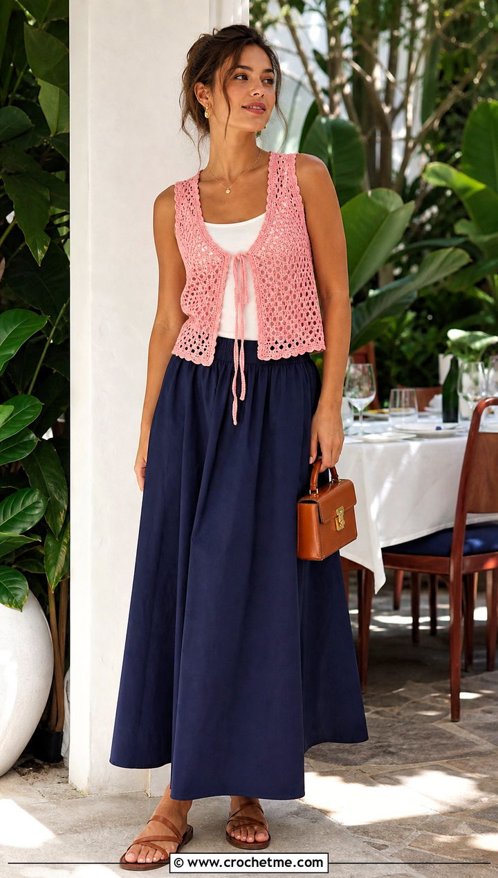 Tie Front Vintage Crochet Vest With Poplin Maxi Skirt - 25 Vintage Crochet Vest outfit ideas