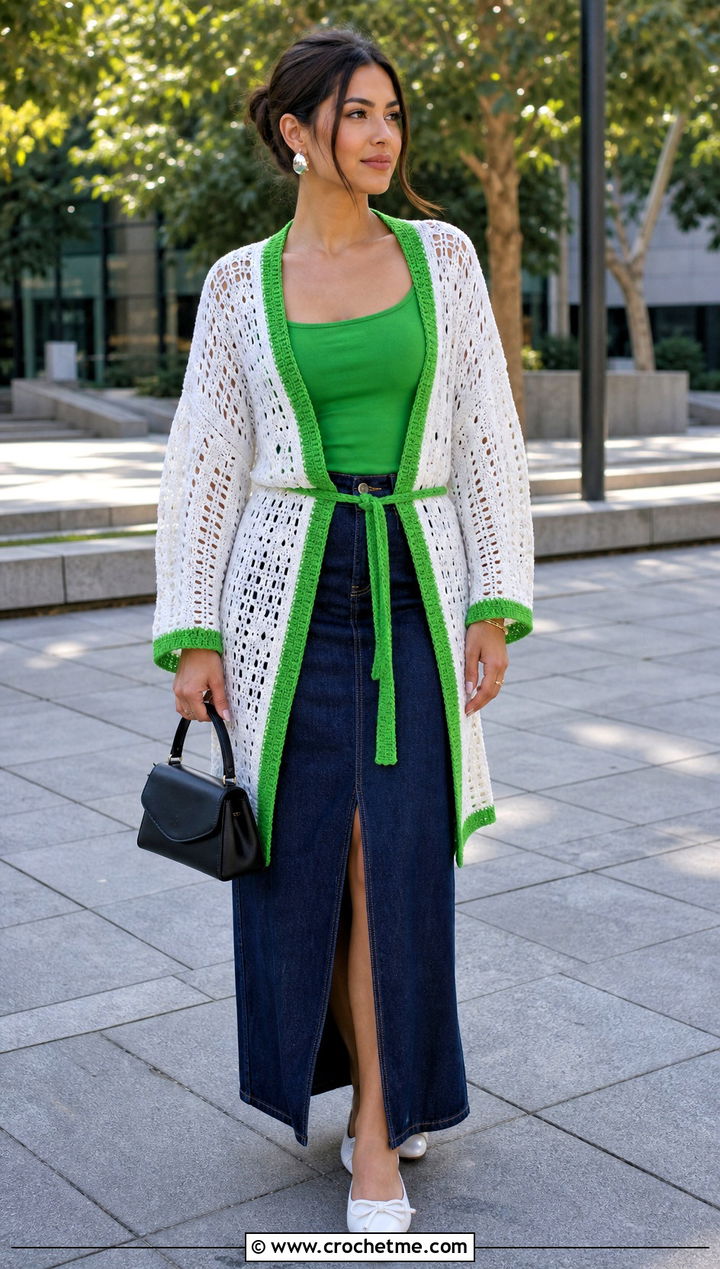 Tie Front White Crochet Kimono With Denim Maxi Skirt - 15 White Crochet Kimono outfit ideas