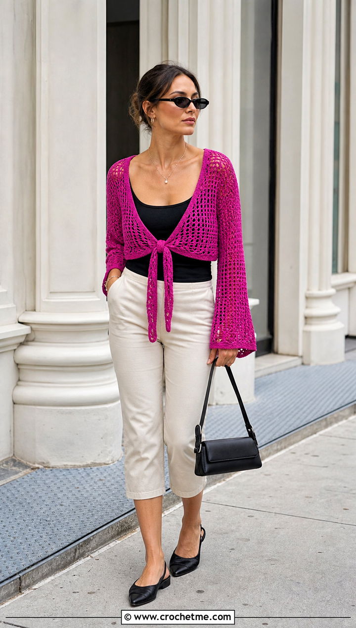 Tie Front Wrap Around Shrug With Capri Pants - 25 Crochet Wrap Around Shrug outfit ideas