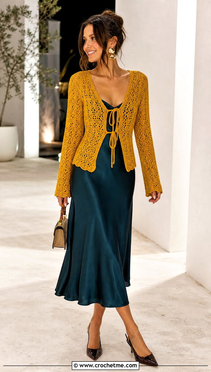 Tie Front Yellow Crochet Cardigan With Satin Midi Skirt - 30 yellow crochet cardigan outfit ideas