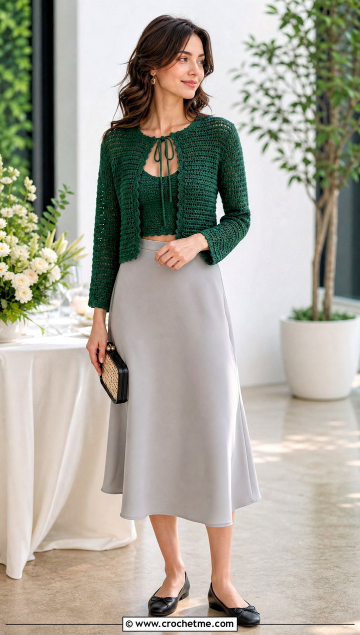 Tie Neck Crochet Crop Cardigan With A Line Midi Skirt - 30 crochet crop cardigan outfit ideas