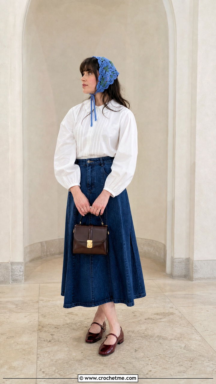 Tie Side Blueberry Crochet Bonnet With Blouse And Midi Skirt - 35 blueberry crochet hat outfit ideas