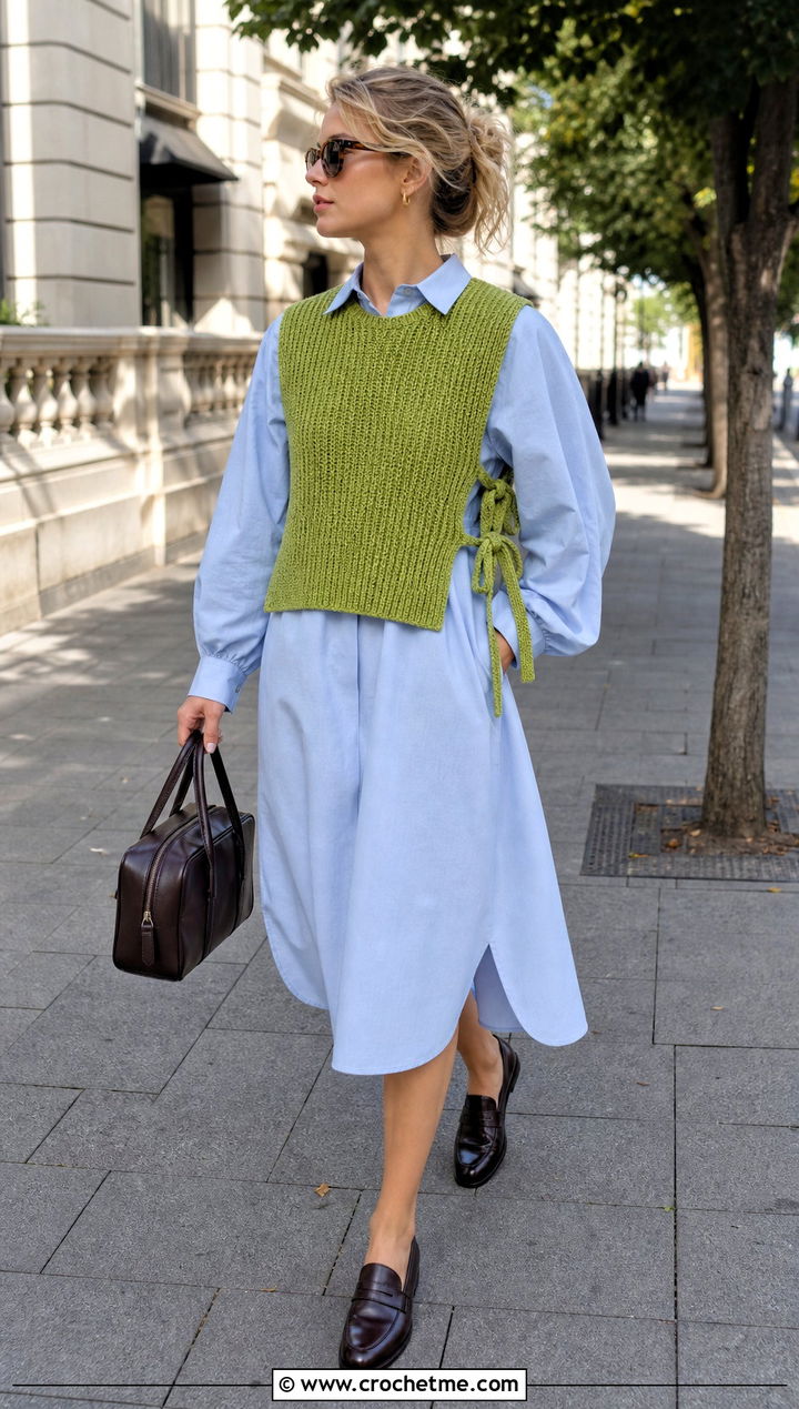 Tie Side Crochet Ribbed Vest Over A Poplin Dress - 20 crochet ribbed vest outfit ideas
