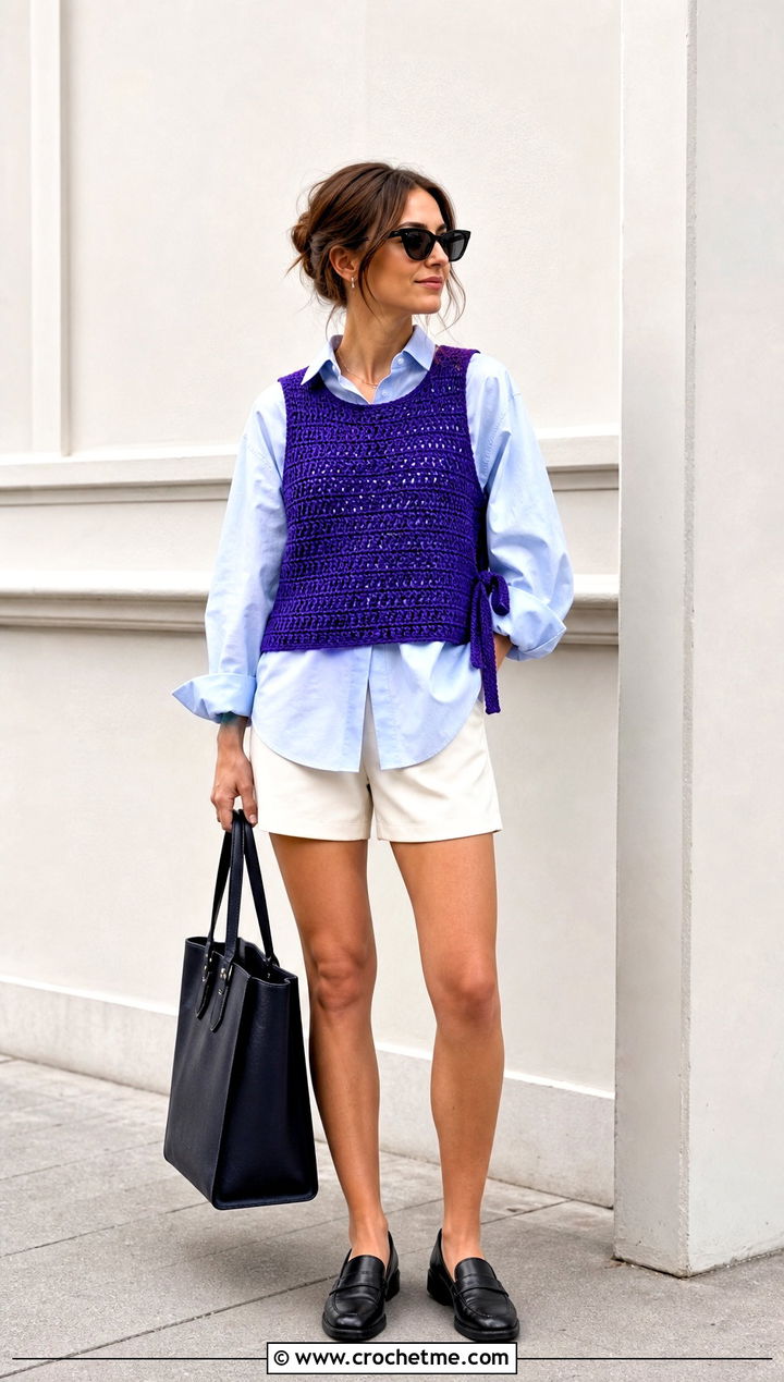 Tie Side Crochet Summer Jumper With Poplin Shirt - 20 Crochet Summer Jumper outfit ideas