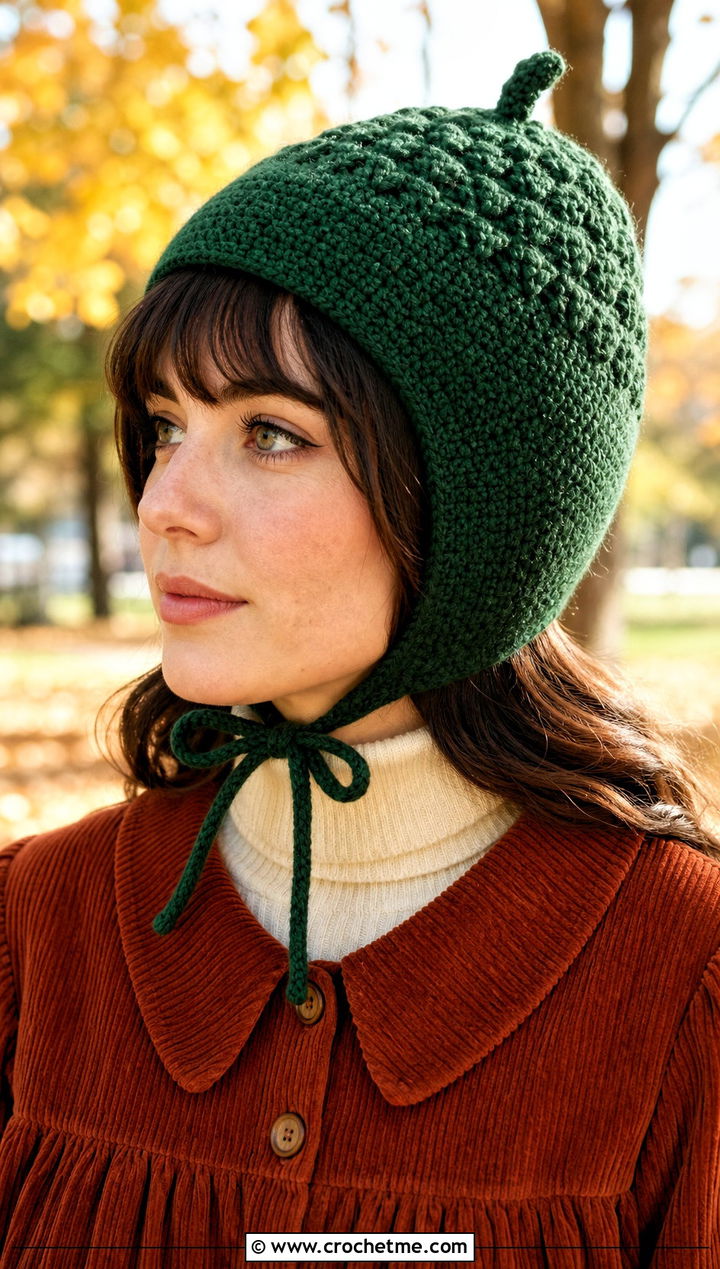Tie Strap Crochet Acorn Bonnet With Corduroy Dress - 30 crochet acorn hat outfit ideas
