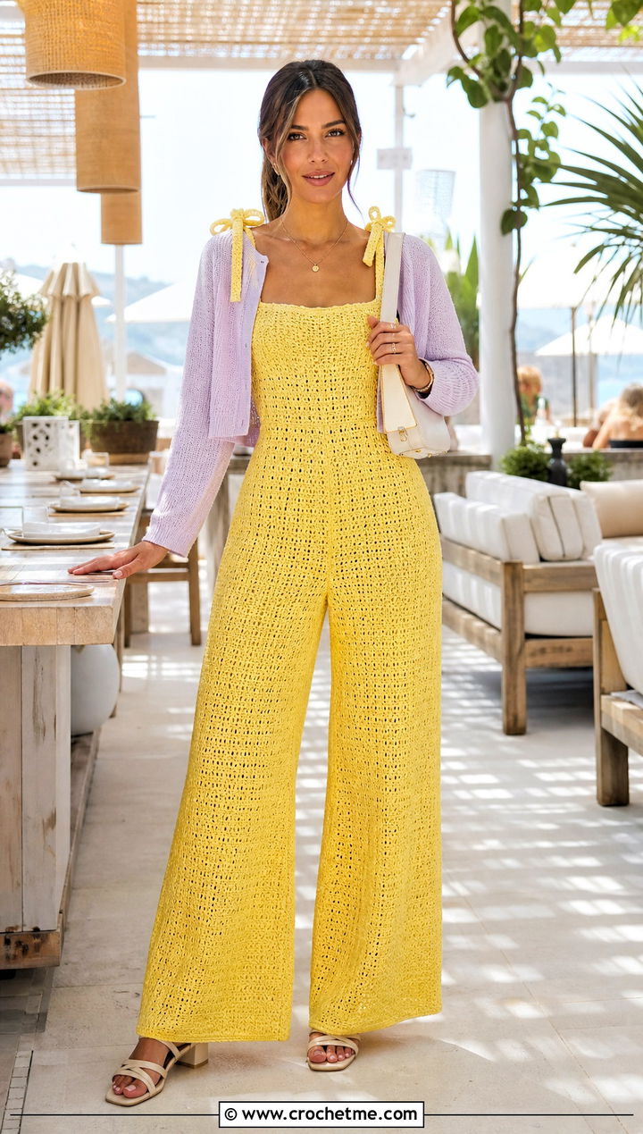 Tie Strap Crochet Jumpsuit With Cropped Cardigan - 30 Women Crochet Jumpsuit outfit ideas