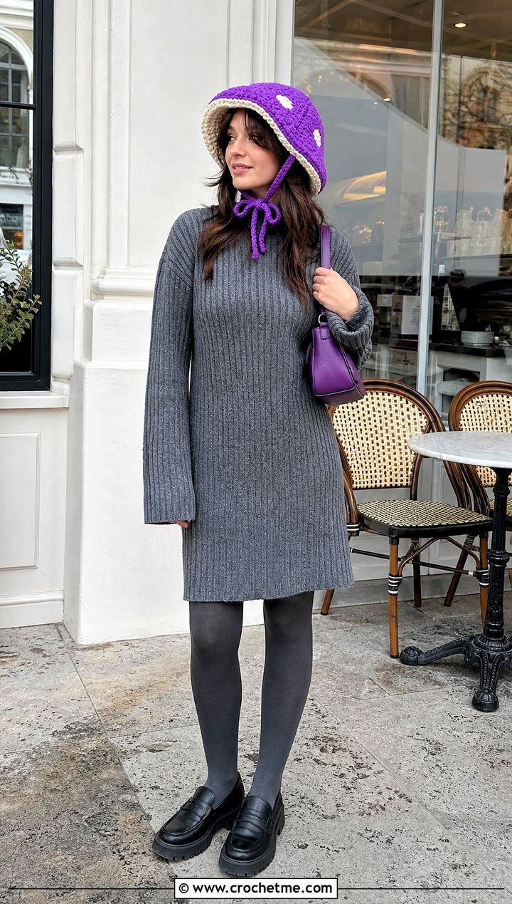 Tie Strap Crochet Mushroom Bonnet With Sweater Dress - 35 crochet mushroom hat outfit ideas