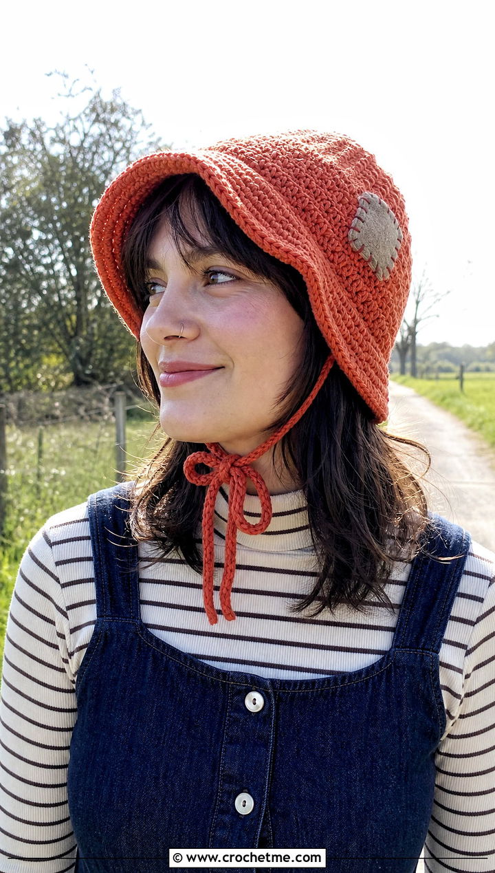 Tie Strap Crochet Scarecrow Bonnet With Denim Dress - 30 crochet scarecrow hat outfit ideas