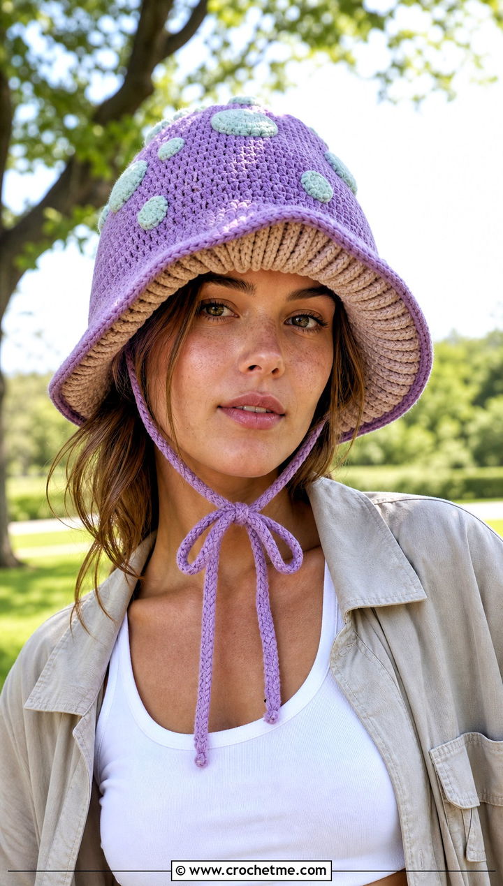 Tie Strap Mushroom Crochet Bucket Hat With Utility Shorts - 15 Mushroom Crochet Bucket Hat outfit ideas