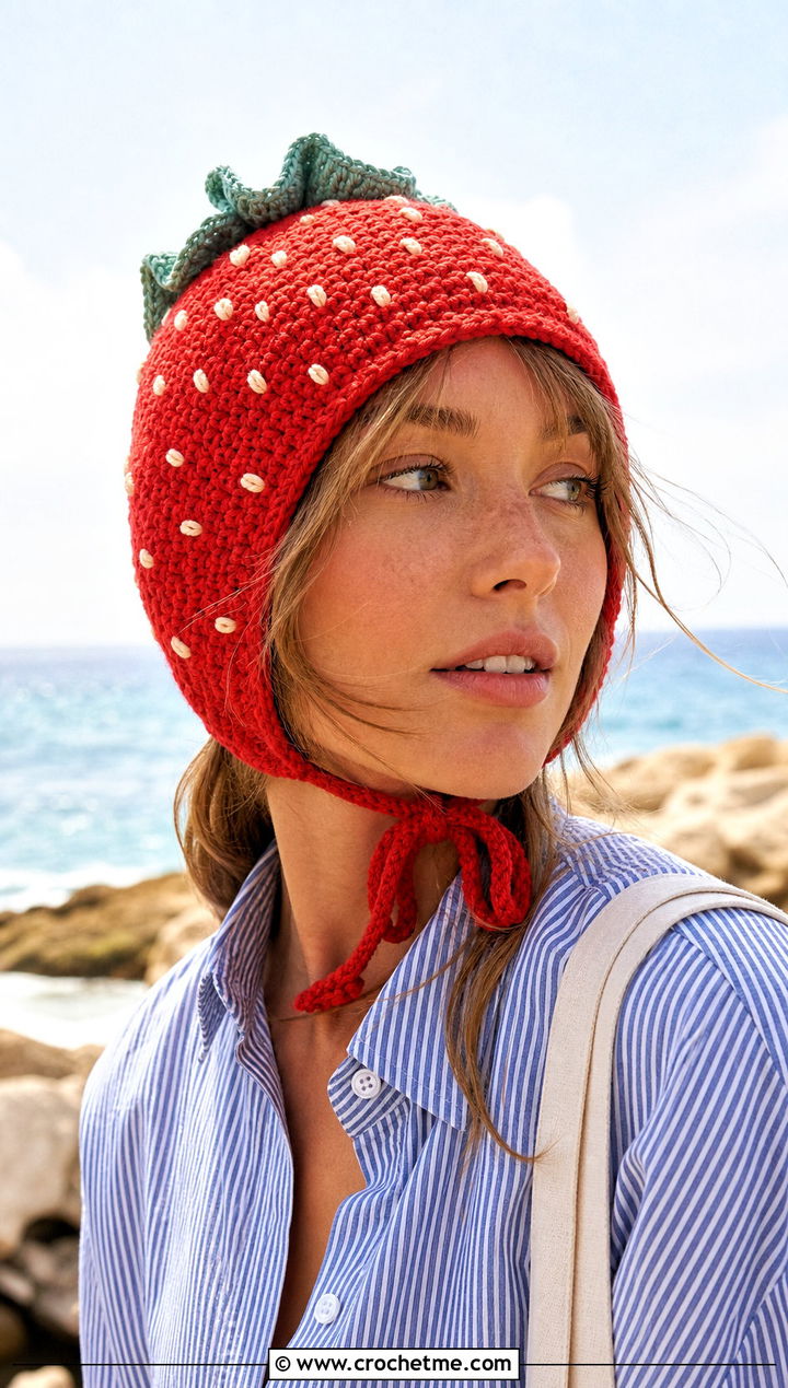 Tie Strap Strawberry Crochet Hat With Coastal Outfit - 30 strawberry crochet hat outfit ideas