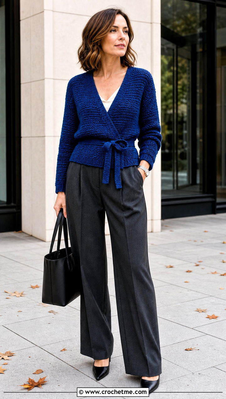 Tie Waist Crochet Crossover Sweater With Tailored Trousers - 15 Crochet Crossover Sweater outfit ideas