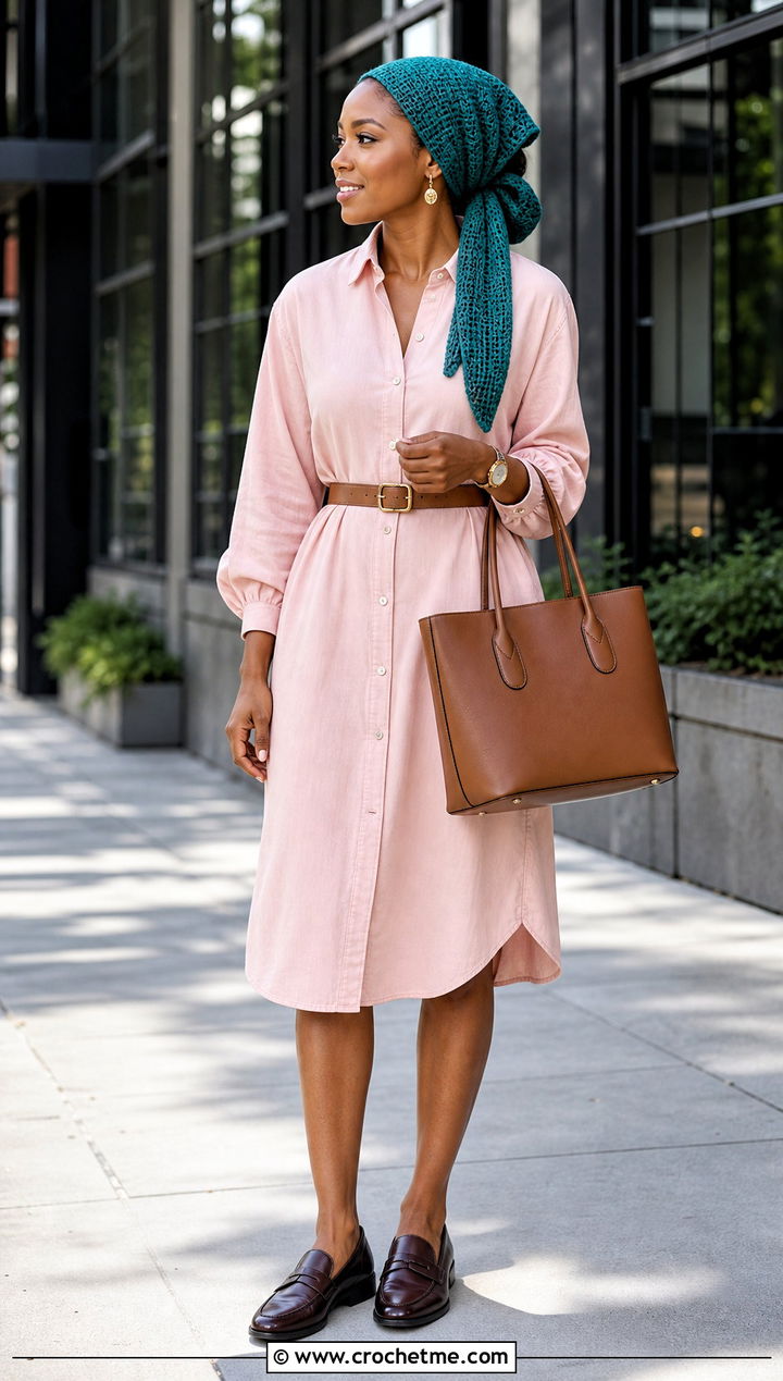 Tied Back Crochet Hair Wrap With Shirt Dress - 35 crochet hair wrap outfit ideas