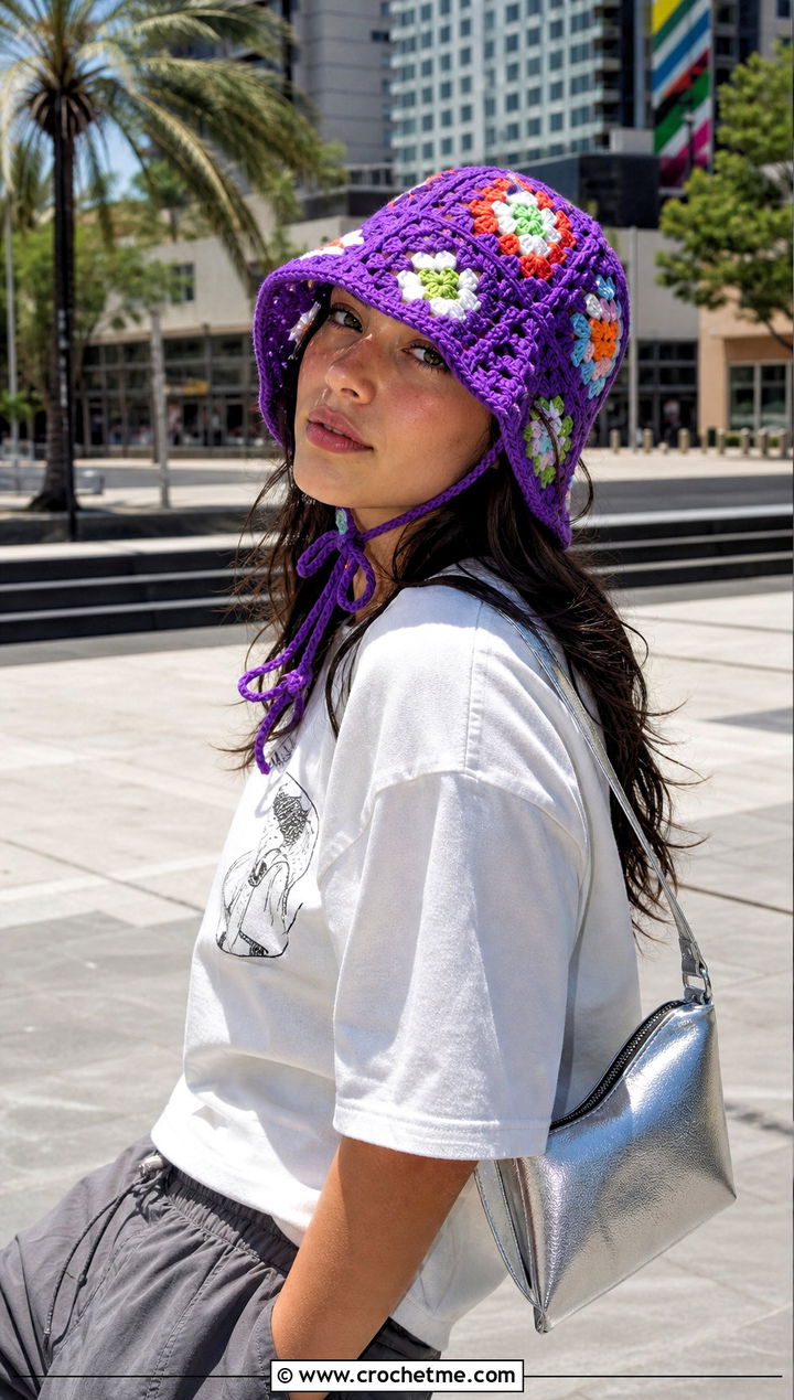 Tied Granny Stitch Bucket Hat With Graphic Tee And Parachute Pants - 25 granny crochet bucket hat outfit ideas