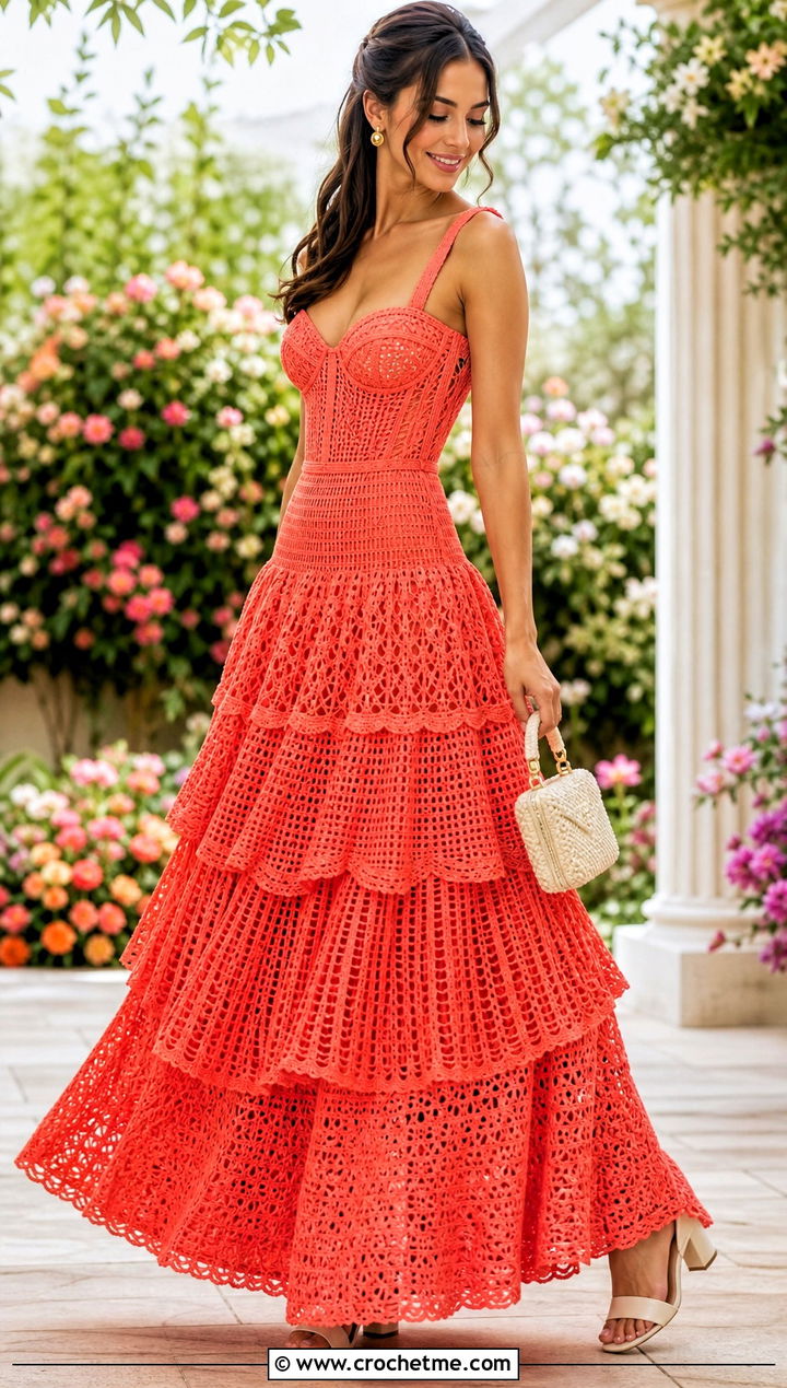 Tiered Crochet Ball Gown With Block Heels - 30 crochet ball gown dress outfit ideas
