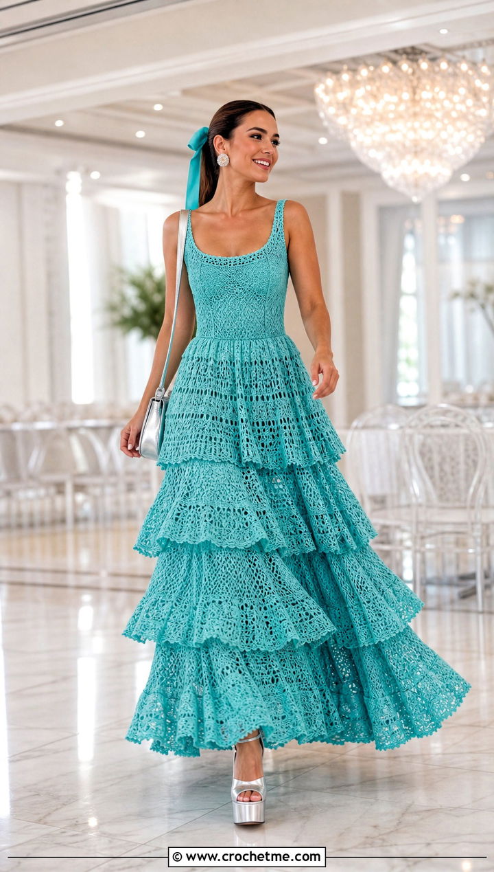 Tiered Crochet Ball Gown With Platform Heels - 20 Crochet Ball Gown outfit ideas