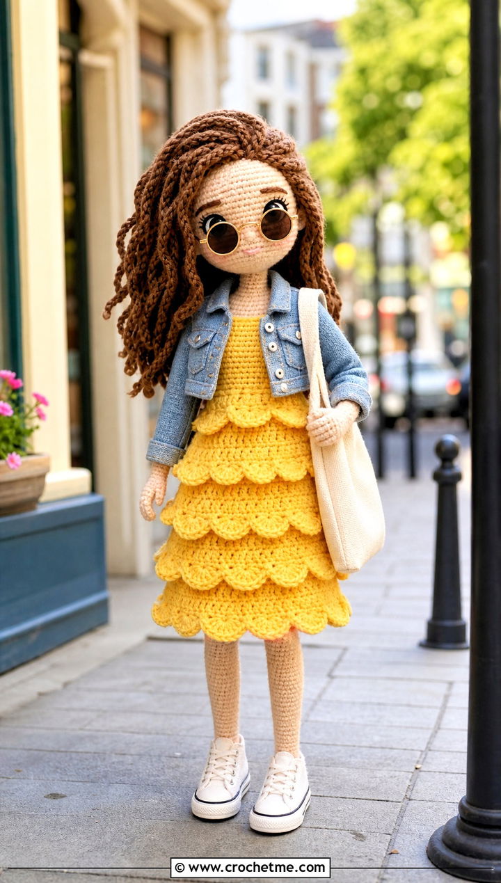 Tiered Crochet Doll Dress With Denim Jacket - 25 amigurumi crochet doll dress outfit ideas