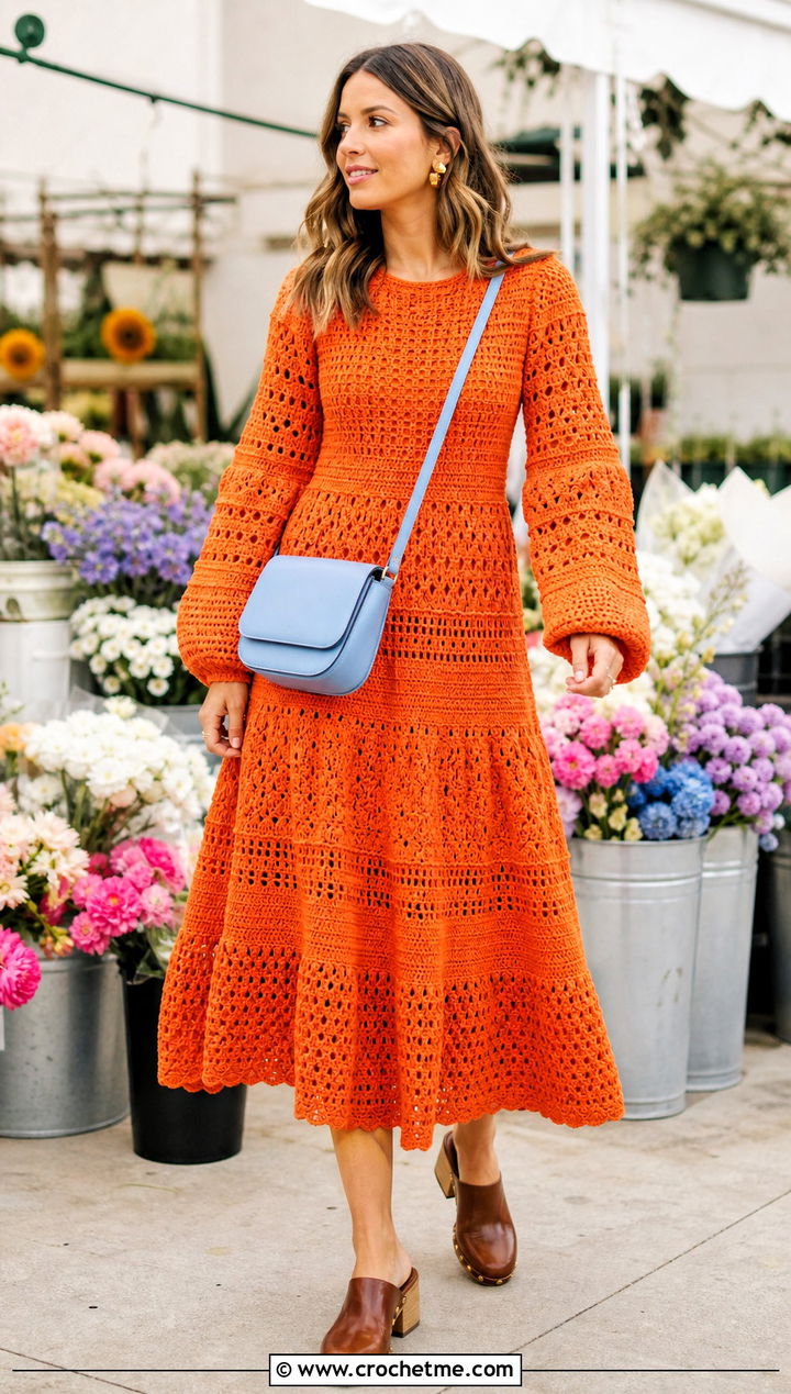 Tiered Crochet Dress With Clogs - 35 long sleeve crochet dress outfit ideas