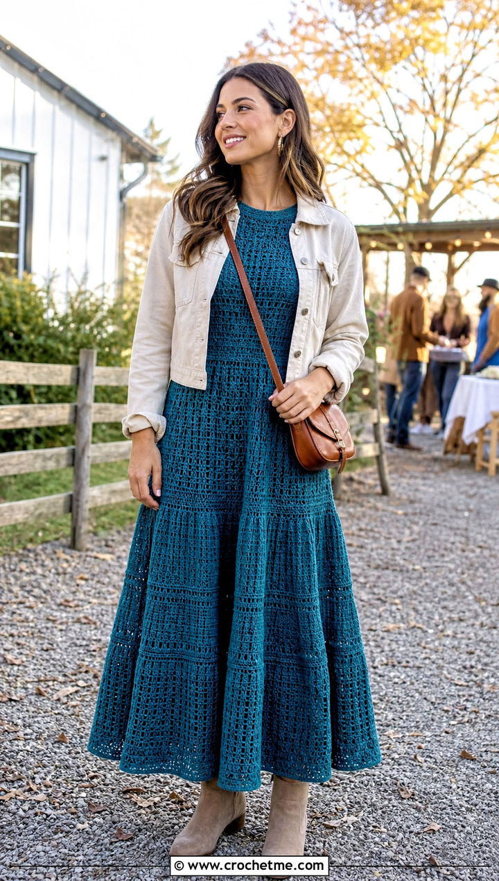 Tiered Crochet Dress With Flat Ankle Boots - 35 Crocheting Dress outfit ideas