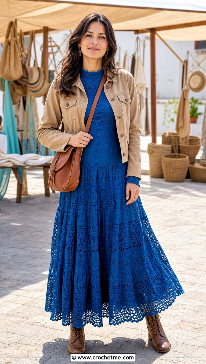 Tiered Crochet Dress With Utility Jacket - 30 modest crochet dress outfit ideas