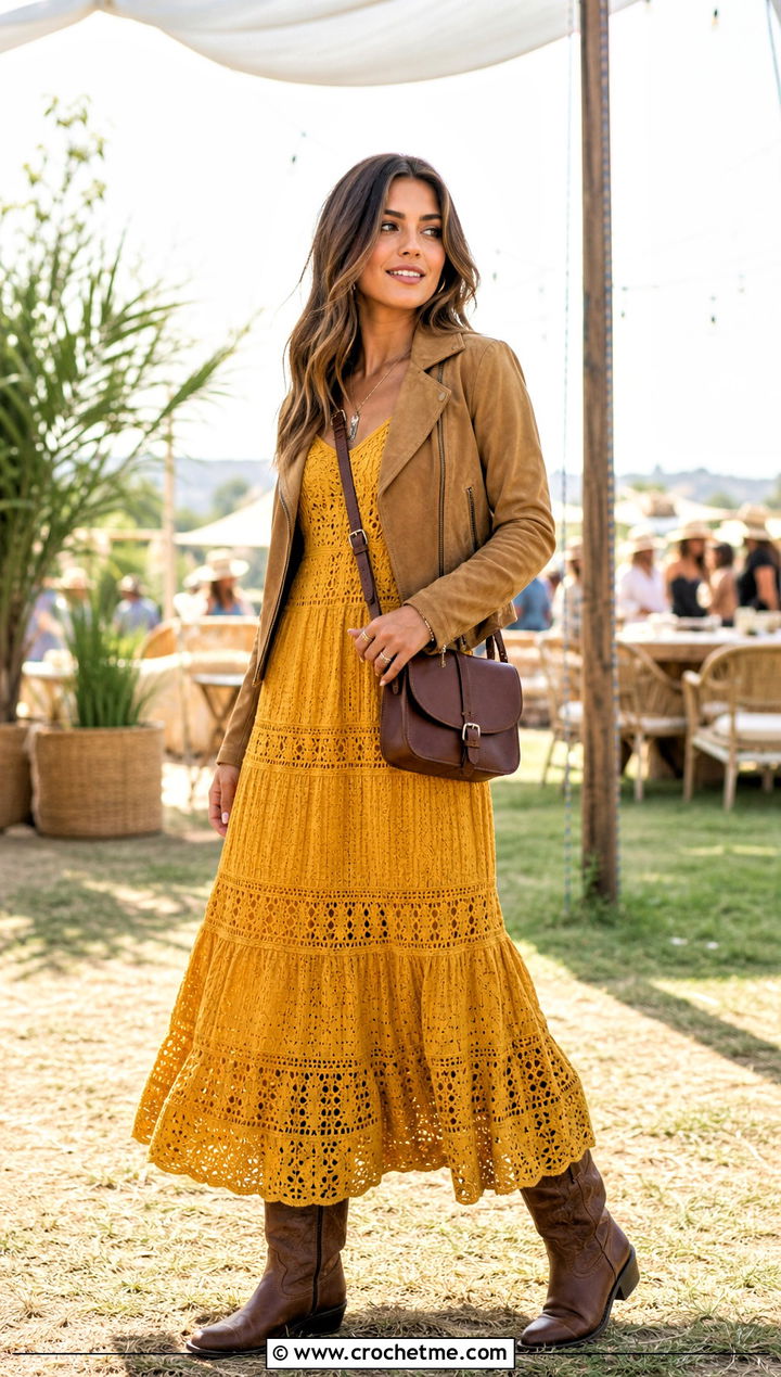 Tiered Crochet Dress With Western Boots - 30 crochet fancy dress outfit ideas