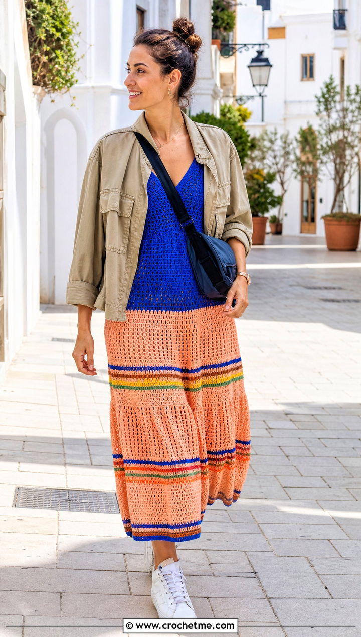 Tiered Crochet Dress With White Sneakers - 15 colorful crochet dress outfit ideas