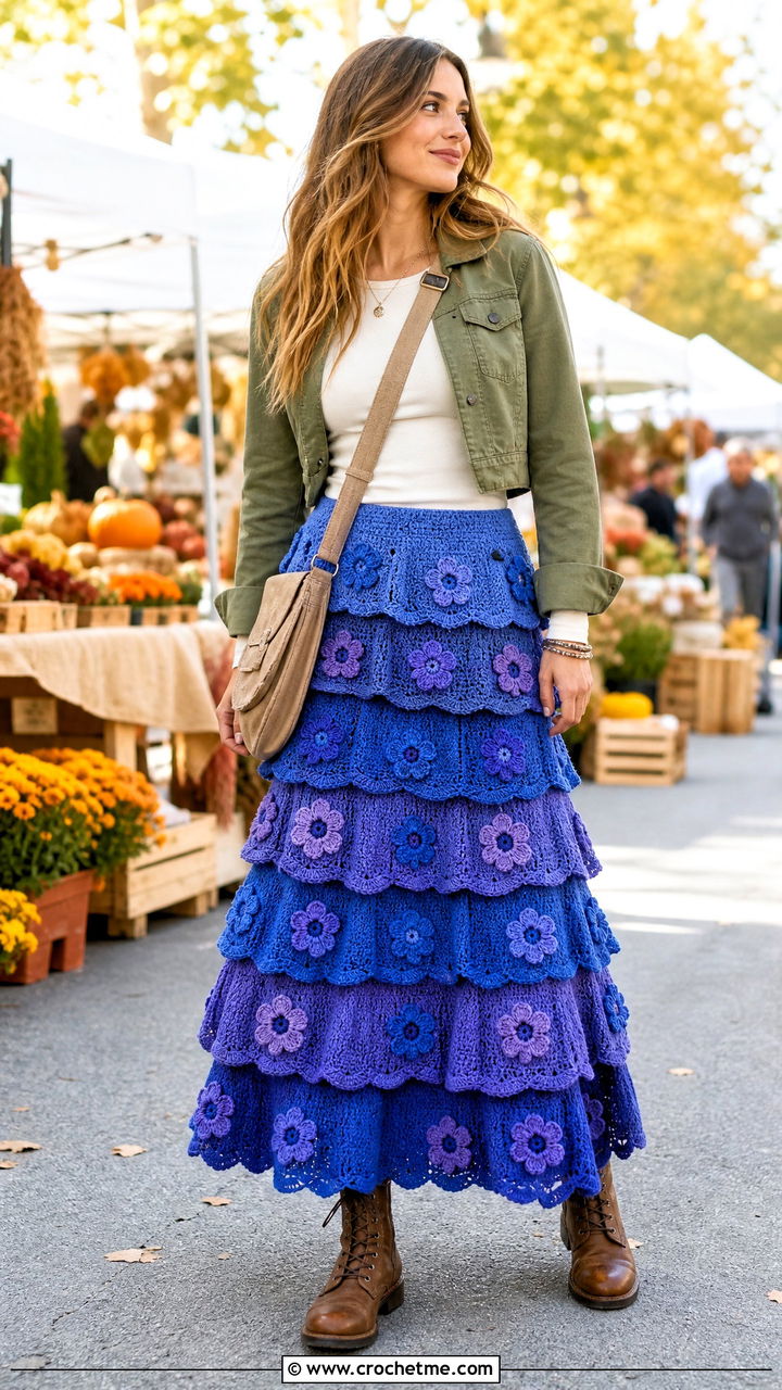 Tiered Crochet Flower Maxi Skirt With Utility Jacket - 35 crochet flower skirt outfit ideas