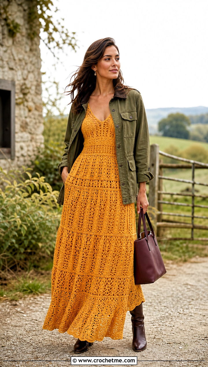 Tiered Crochet Gown Dress With Barn Jacket - 25 Crochet Gown Dress outfit ideas