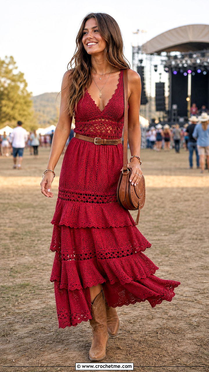 Tiered Crochet Gown With Western Boots - 35 crochet gown outfit ideas