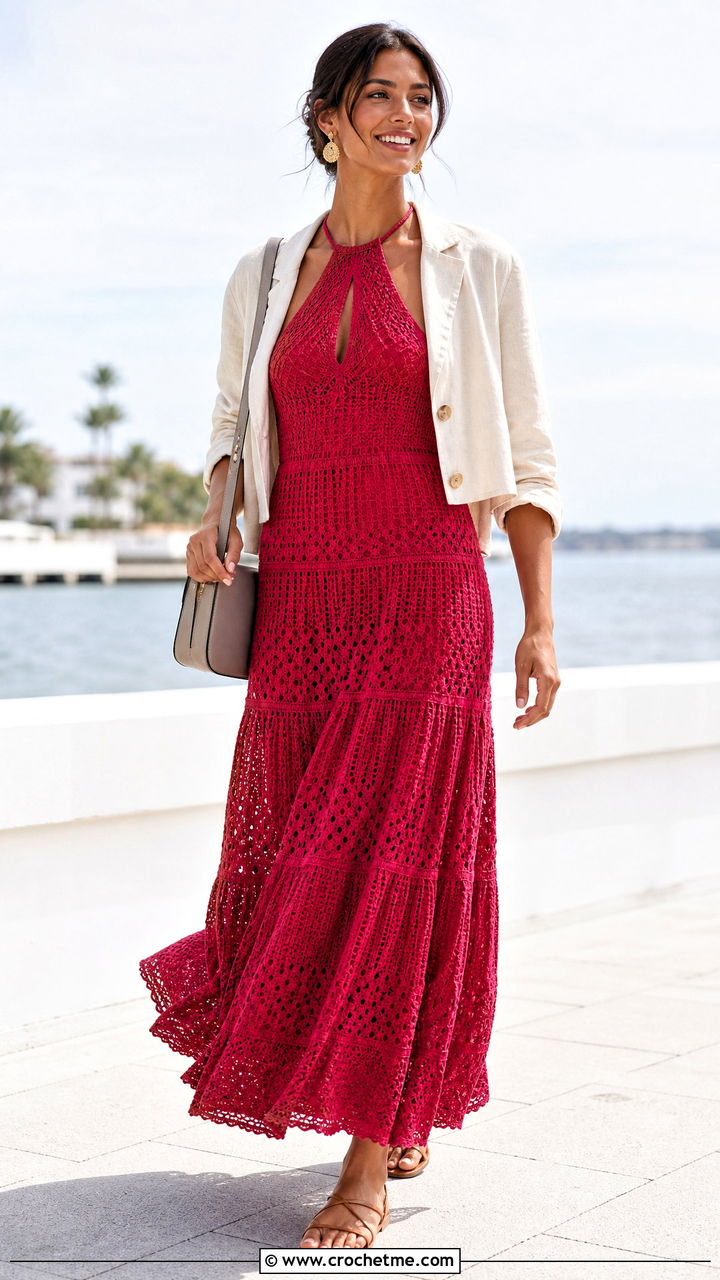 Tiered Crochet Halter Dress With Flat Sandals - 35 crochet halter dress outfit ideas