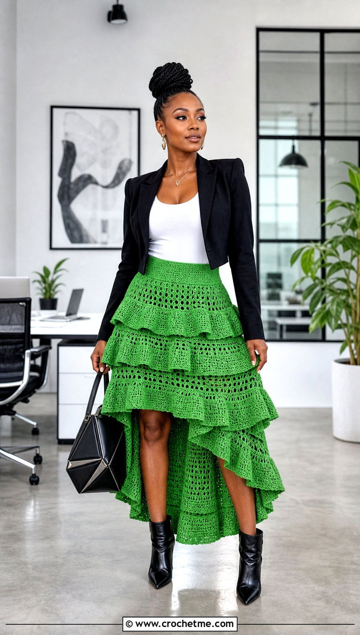 Tiered Crochet High Low Skirt With Cropped Blazer - 25 crochet high low skirt outfit ideas