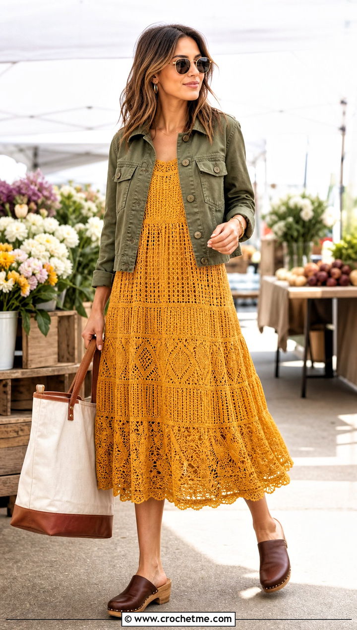 Tiered Crochet Lace Dress With Utility Jacket And Clogs - 15 crochet lace dress design outfit ideas
