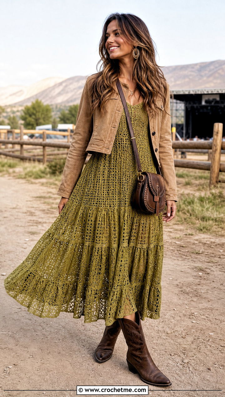 Tiered Crochet Lace Maxi Dress With Cowboy Boots - 35 Crochet Lace Dress outfit ideas