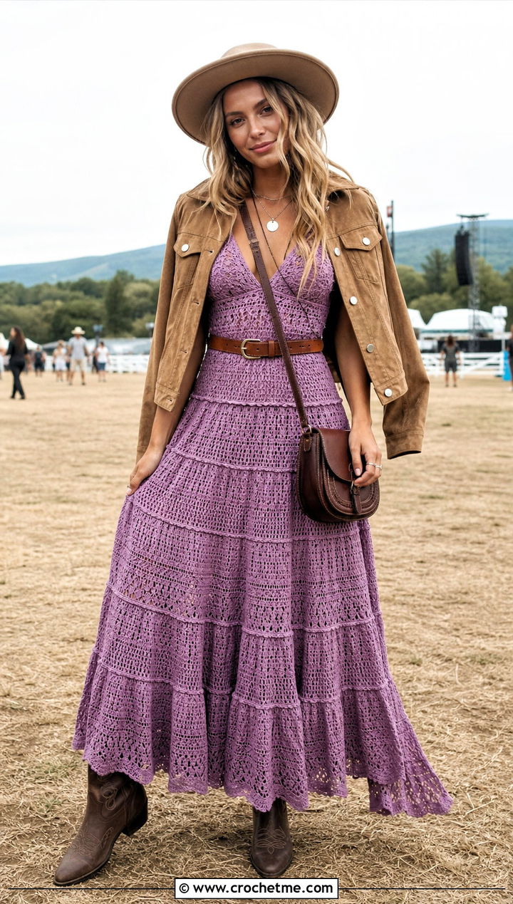 Tiered Crochet Long Dress With Western Boots - 25 Crochet Long Dresses outfit ideas