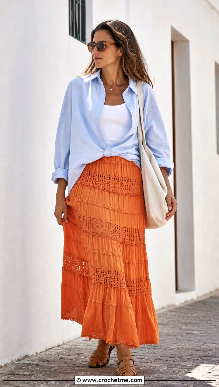 Tiered Crochet Long Skirt With Oversized Button Down Shirt - 15 Crochet Long Skirt Aesthetic outfit ideas