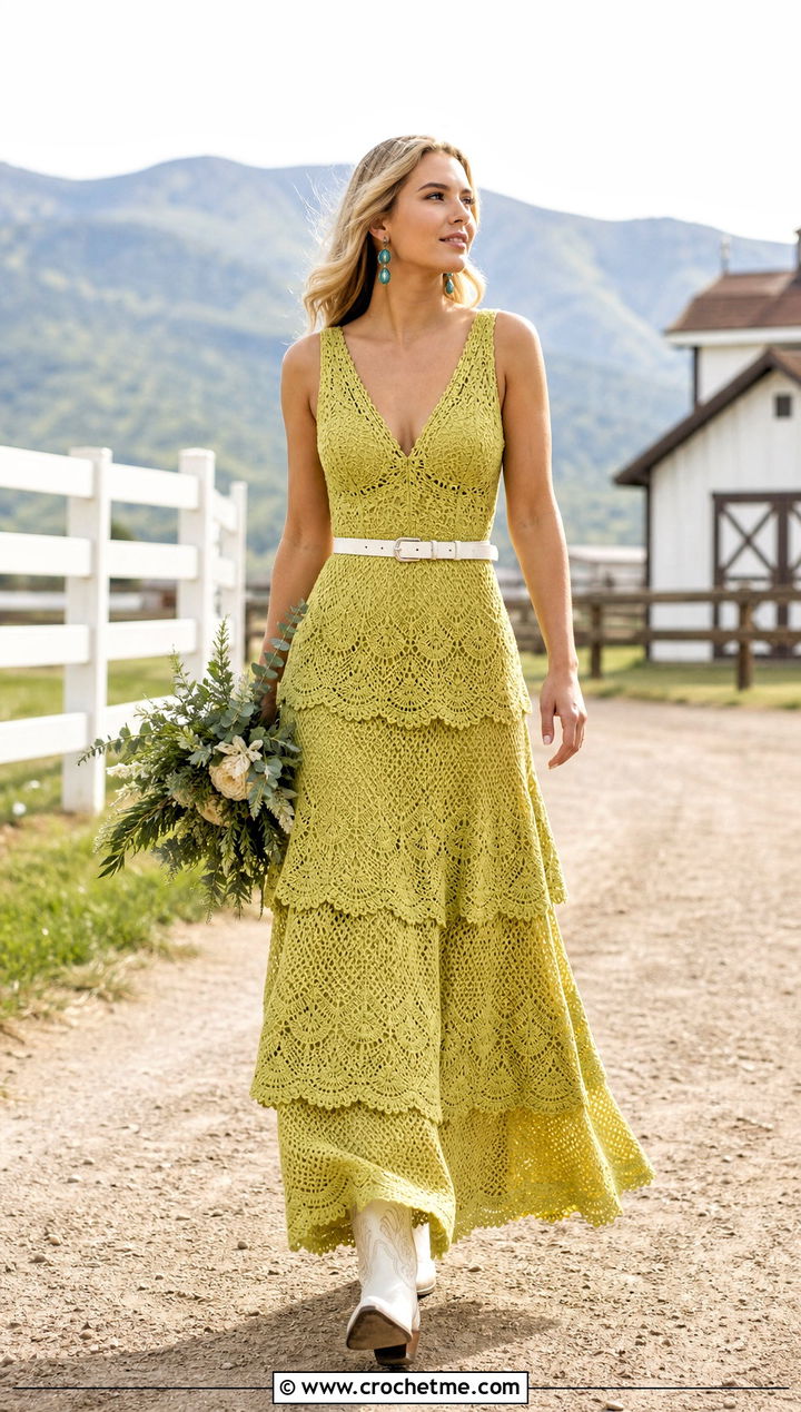 Tiered Crochet Maxi Bridal Dress With Cowboy Boots - 30 crochet bridal dress outfit ideas