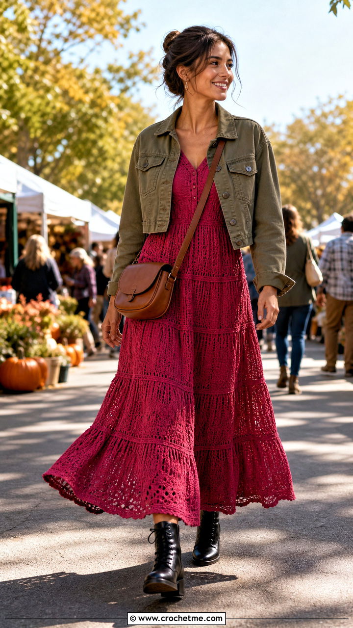 Tiered Crochet Maxi Dress With Field Jacket - 35 Crochet Maxi Dress outfit ideas